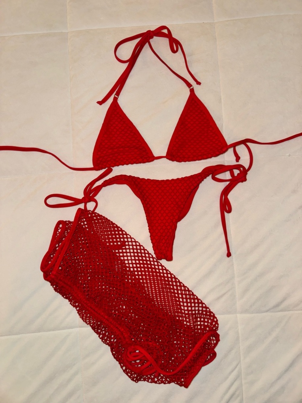 Berry Beachy Red Triangle Bikini Set with Crochet skirt cover up